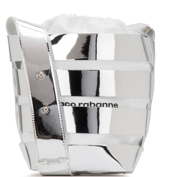PACO RABANNE Silver Metallic Mirror Cage Faux Leather Large Bucket Bag - Picture 15 of 15